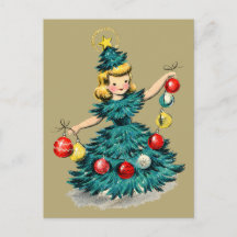 Cute Retro Vintage Christmas Tree Girl