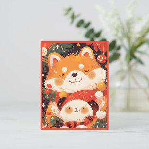 Cartão Postal De Festividades Cute Shiba Inu Abraçando Panda de Pelúcia