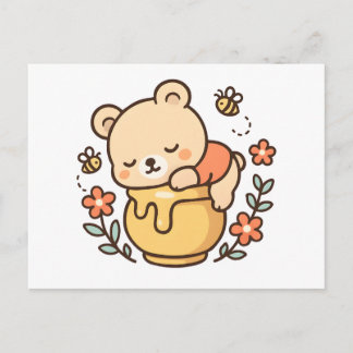 Cartão Postal De Festividades Cute Sleeping Bear Honey Pot Kawaii Design