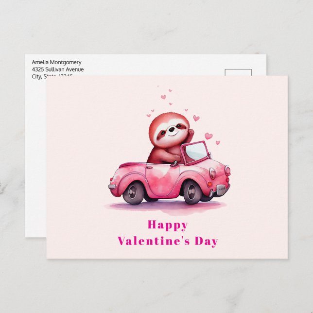 Cartão Postal De Festividades Cute Sloth in a Pink Convertible Valentine's Day (Frente/Verso)