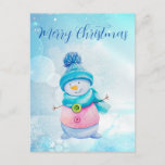Cartão Postal De Festividades Cute Snowman<br><div class="desc">Neve branca e aquarela com cachecol e chapéu sobre fundo cintilante de neve</div>