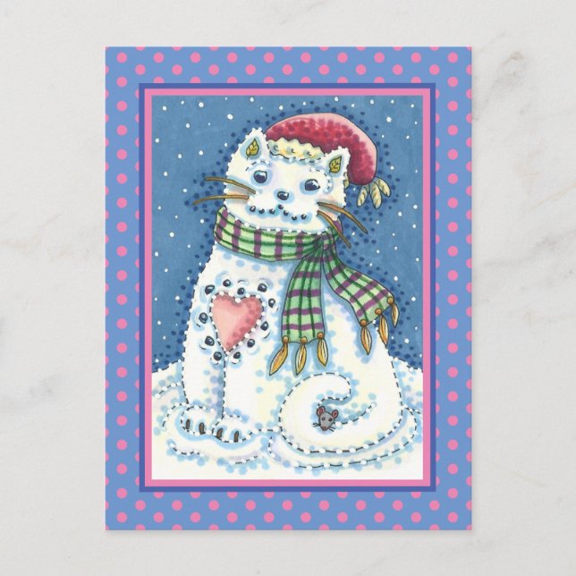 CARTÃO POSTAL DE FESTIVIDADES CUTE SNOWMAN KITTEN, SNOWFLAKES CAT AND MOUSE (Frente)