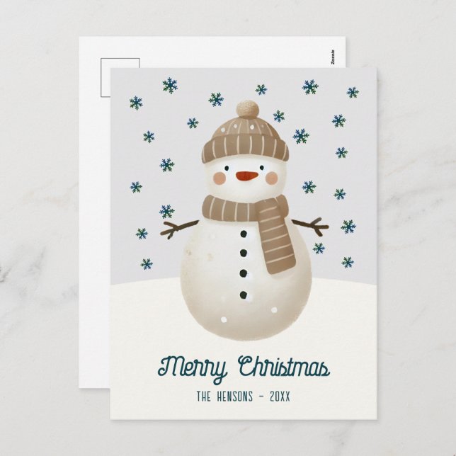 Cartão Postal De Festividades Cute Snowman Snowflakes Drawing Christmas (Frente/Verso)