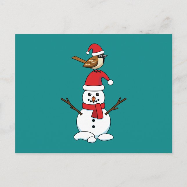 Cartão Postal De Festividades Cute Sparrow on Snowman (Frente)