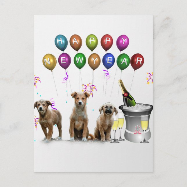 Cartão Postal De Festividades Cute Three Dogs Wishing Happy New Year 2016 (Frente)