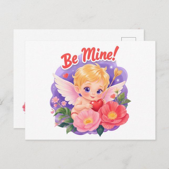Cartão Postal De Festividades Cute Valentine's Day Cupid with "Be Mine" (Frente/Verso)