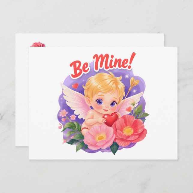 Cartão Postal De Festividades Cute Valentine's Day Cupid with "Be Mine" (Frente/Verso)
