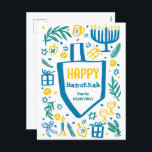 Cartão Postal De Festividades Cute Whimsic Dreidel Menorah CUSTOM HANUKKAH<br><div class="desc">Cartão bonito perfeito para um cartão de feriado divertido! Mão fez arte para você! TOTALMENTE PERSONALIZÁVEL! Clique em "Personalizar" acima para editar o texto. Clique em "editar usando a ferramenta design" para ajustar as fontes, cores e posicionamentos. (verifique meu compro para designs alternativos também) Este é um cartão postal, verifique...</div>