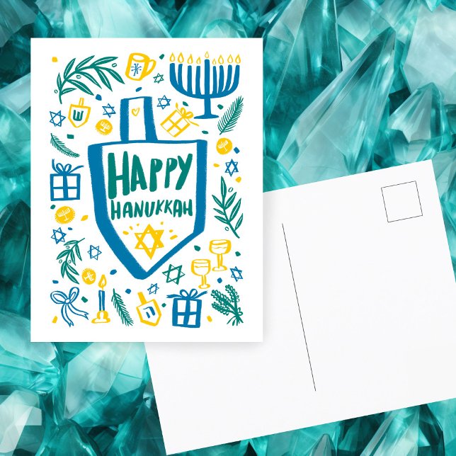 Cartão Postal De Festividades Cute Whimsic Dreidel Menorah CUSTOM HANUKKAH (Whimsical Cute Doodles Dreidel Menorah CUSTOM HANUKKAH Holiday Postcard
)