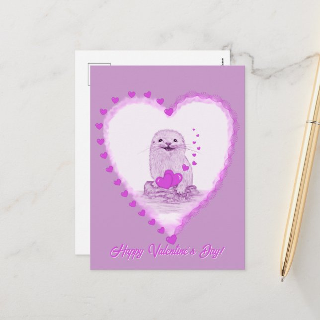 Cartão Postal De Festividades Cute White Baby Sea Otter , Happy Valentines Day (Frente/Verso In Situ)