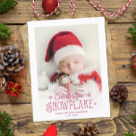 Cartão Postal De Festividades Cutest little snowflake photo birth announcement<br><div class="desc">Spread the news of your latest addition to your family with this Christmas and winter-themed holiday birth announcement postcard. Easily customize the front of the card with your baby's name and date of birth, and with one of your favorite newborn pictures with a lovely dark red overlay script that reads...</div>