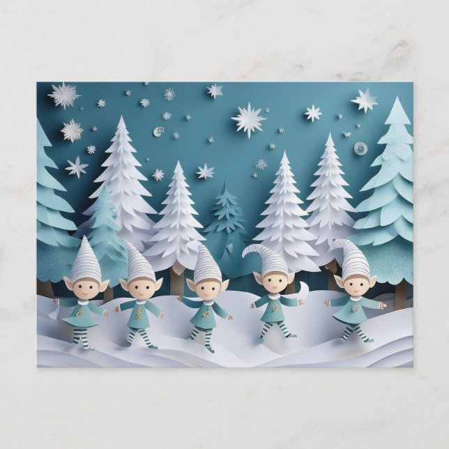 Cartão Postal De Festividades Cutout Elves in the Snow Personalized Christmas  (Frente)