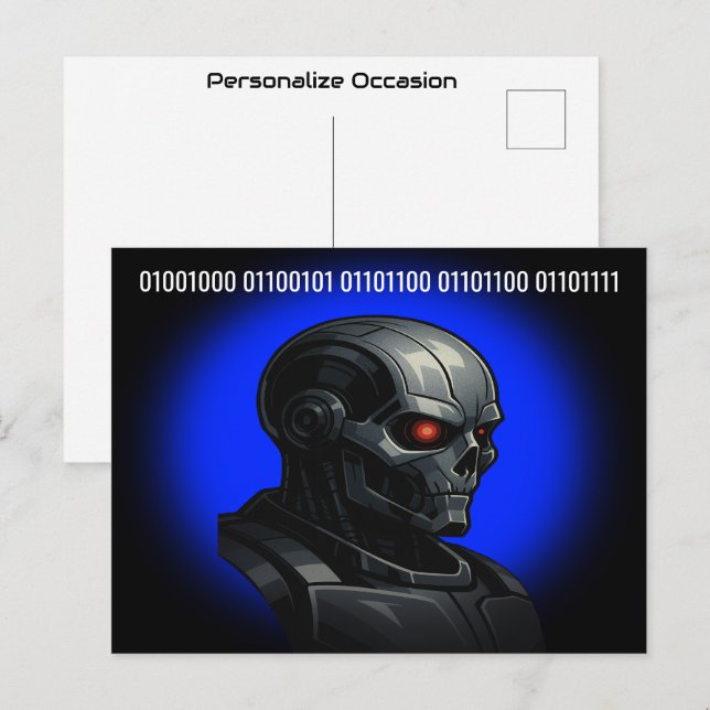 Cartão Postal De Festividades Cyber Skull Blue Glow Binary Hello Tech Design  (Frente/Verso)
