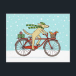 Cartão Postal De Festividades Cycling Dog and Squirrel Whimsical Winter Holiday<br><div class="desc">Cute cartoon dog wearing a green striped winter hat and long scarf and pedaling a red bicycle. Cheerful red squirrel is riding in the bike basket. These two are on their way to deliver Christmas presents to friends. This whimsical animal art holiday postcard is perfect for personal or business mailings....</div>