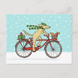 Cartão Postal De Festividades Cycling Dog and Squirrel Whimsical Winter Holiday
