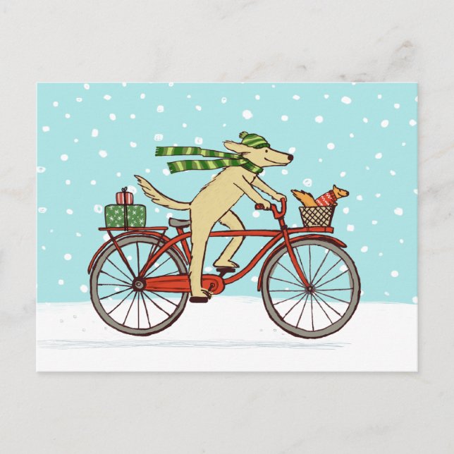 Cartão Postal De Festividades Cycling Dog and Squirrel Whimsical Winter Holiday (Frente)