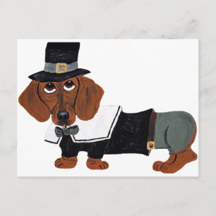 Cartão Postal De Festividades Dachshund Ação de Graças Pilgrim