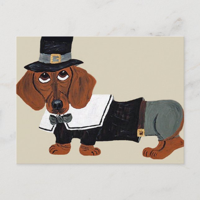 Cartão Postal De Festividades Dachshund Ação de Graças Pilgrim (Frente)