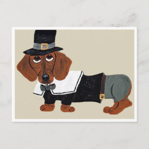 Cartão Postal De Festividades Dachshund Ação de Graças Pilgrim
