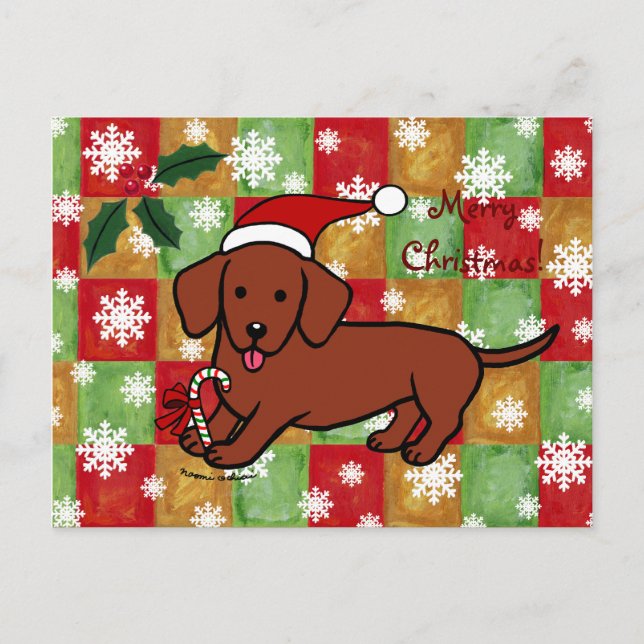 Cartão Postal De Festividades Dachshund Christmas Cartoon Snowflakes (Frente)
