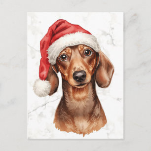 Cartão Postal De Festividades Dachshund de Chapéu de Papai Noel Natal em Aquarel
