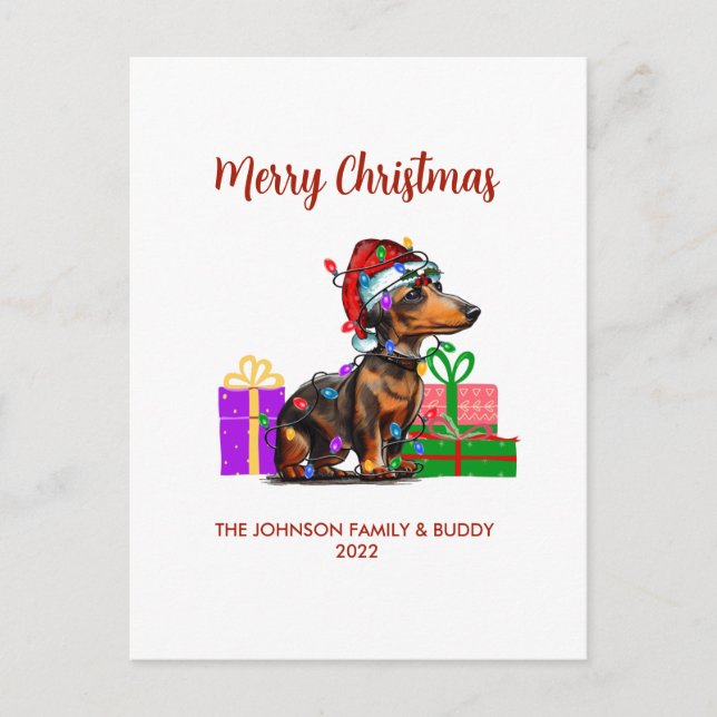 Cartão Postal De Festividades Dachshund e Luzes de Natal (Frente)