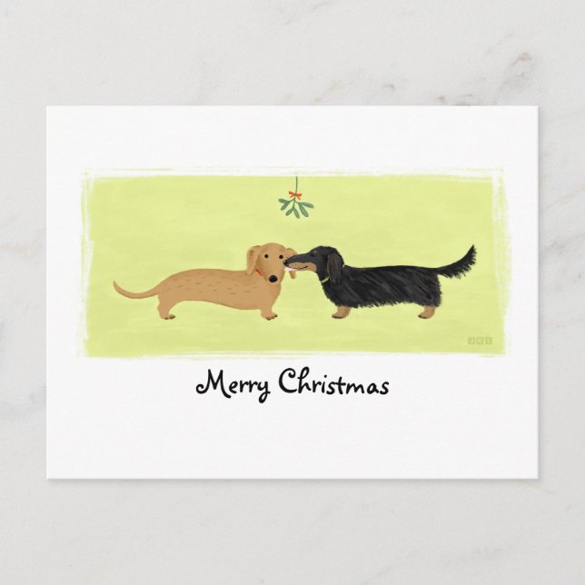 Cartão Postal De Festividades Dachshund Mistletoe Kiss Dogs Christmas Holiday (Frente)