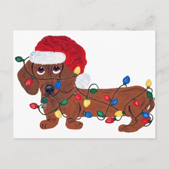 Cartão Postal De Festividades Dachshund Tangled nas luzes de Natal (vermelhas) (Frente)