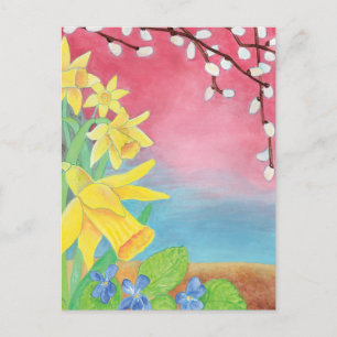 Cartão Postal De Festividades Daffodils, Salix Caprea e Sweet Violet