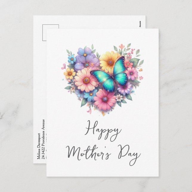 Cartão Postal De Festividades Daisy Flowers with a Blue Butterfly Mother's Day (Frente/Verso)