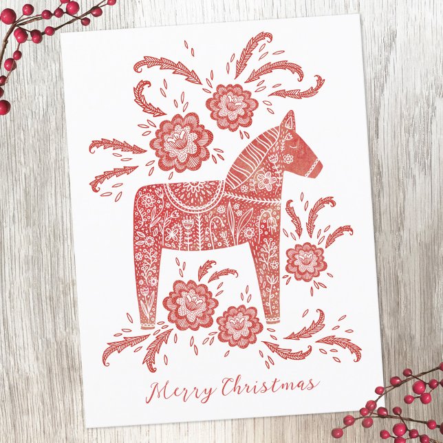 Cartão Postal De Festividades Dala Horse Sueco (Swedish Dala Horse red and white Christmas holiday postcard)