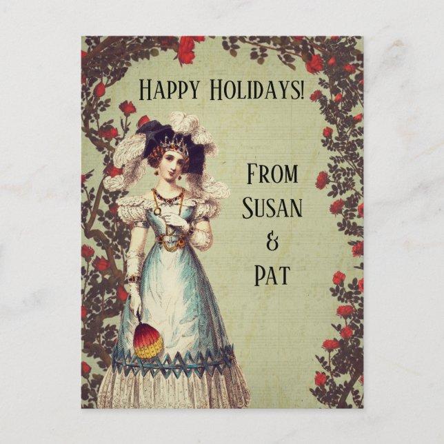 Cartão Postal De Festividades Dama Vitoriana no Jardim Rosa vermelha com Ventila (Frente)