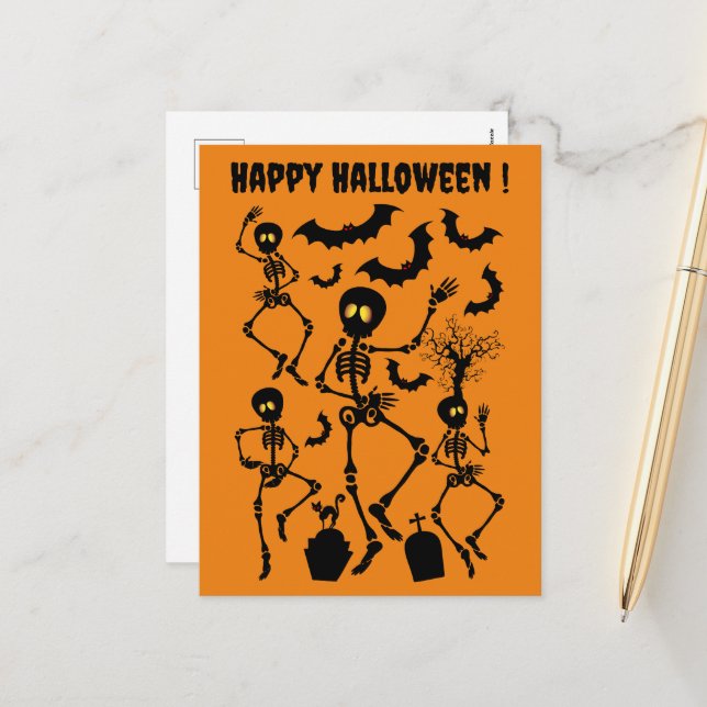 Cartão Postal De Festividades DanÃ§a Macabra de Esqueletos de Halloween (Frente/Verso In Situ)