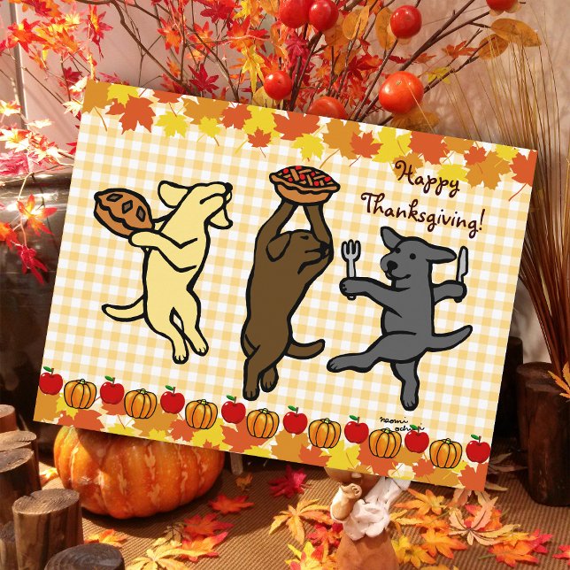 Cartão Postal De Festividades Dança Labrador Trio Ação de Graças (Dancing Labradors Trio Thanksgiving Postcard for Labrador Owners.  Cute three Labs cartoon design. )