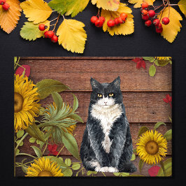 Cartão Postal De Festividades Dê aos Obrigados Gato e Girassóis Ação de Graças d
