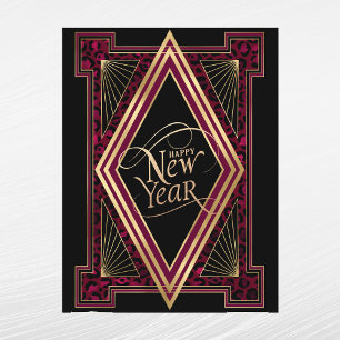 Cartão Postal De Festividades Deco de Arte Dourada Elegante Burgundy Ano Novo