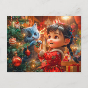 Cartão Postal De Festividades Decoração da Árvore de Natal com Gato