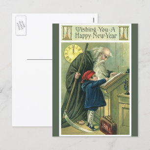 Cartão Postal De Festividades Desejando um Feliz Ano Novo, Tempo Pai Vintage