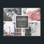 Cartão Postal De Festividades Desejos calorosos Beijos de Natal | Visita debaixo<br><div class="desc">Cartão combinado para agradecimento de casamento e Natal,  com espaço para quatro fotos. No meio,  um rótulo impresso para parecer madeira granulada,  decorado com "Desejos calorosos e beijos de Natal, " em branco com ramos de visco.</div>