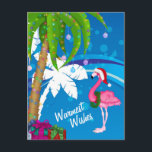 Cartão Postal De Festividades Desejos mais quentes Palm Trees Flamingo Beach Nat<br><div class="desc">Este cartão postal de Natal mais quente apresenta palmeiras decoradas com luzes de Natal e um flamingo vestindo um chapéu de Papai Noel contra um fundo legal de abstrato azul e branco. Saudação ~ Desejos mais quentes para o mais legal dos Yules Alguns gráficos de trabalho de arte&@delightful-doodles.com</div>
