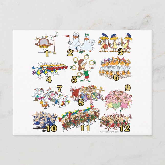 Cartão Postal De Festividades desenho animado de natal dos doze dias (Frente)