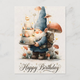 Cartão Postal De Festividades Desenho de Aniversário de Gnomo em Aquarela com Bo