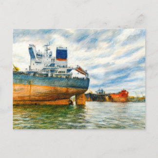 Cartão Postal De Festividades Desenho de Pastel do navio de carga no porto marít