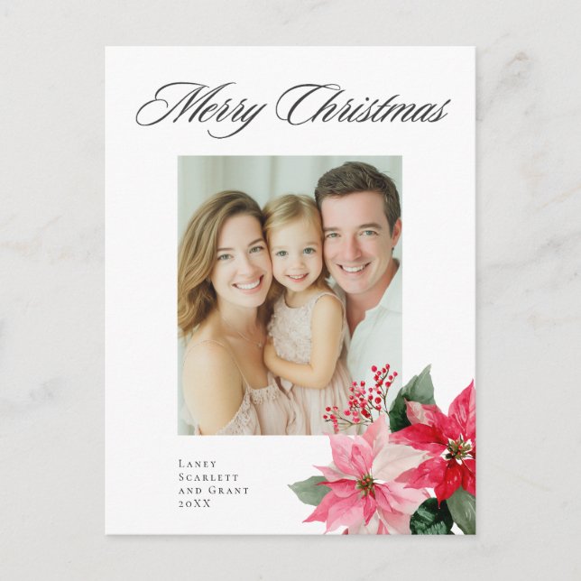 Cartão Postal De Festividades Desenho de Poinsettia de Natal em Aquarela (Frente)