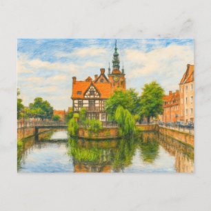 Cartão Postal De Festividades Desenho em pastel do antigo moinho de Danzig no Ra