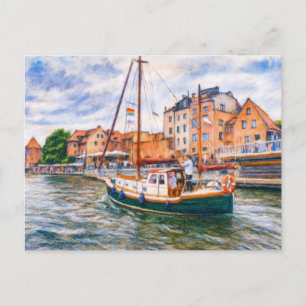 Cartão Postal De Festividades Desenho pastel de veleiro no Motlawa em Danzig ol