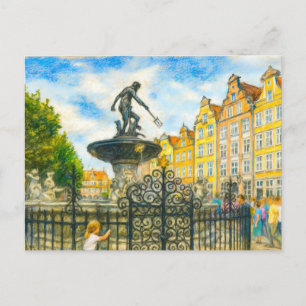 Cartão Postal De Festividades Desenho pastel do Chafariz de Netuno de Danzig em