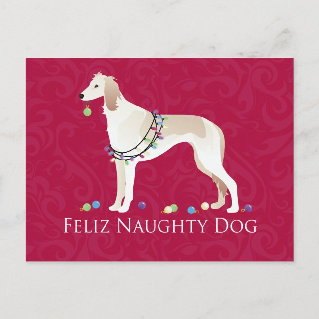 Cartão Postal De Festividades Design de Natal de Cachorro Malvado Saluki Feliz (Frente)