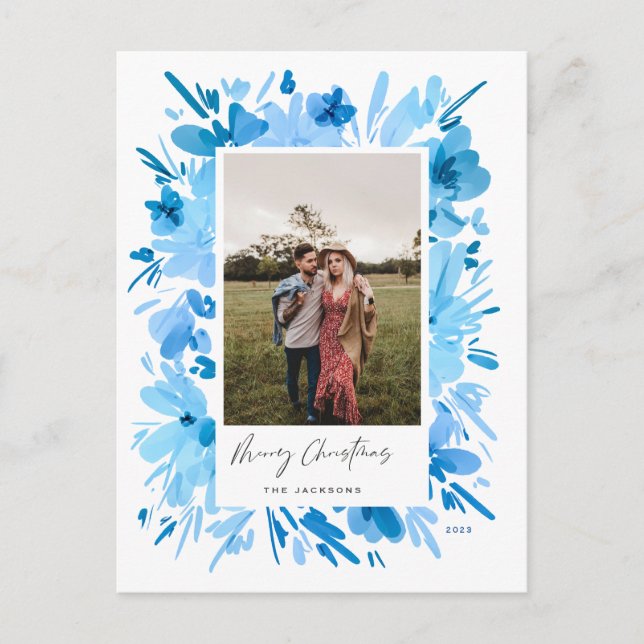 Cartão Postal De Festividades design de Natal floral azul abstrato feliz (Frente)