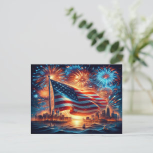 Cartão Postal De Festividades Design patriótico com bandeira americana e Nova Io